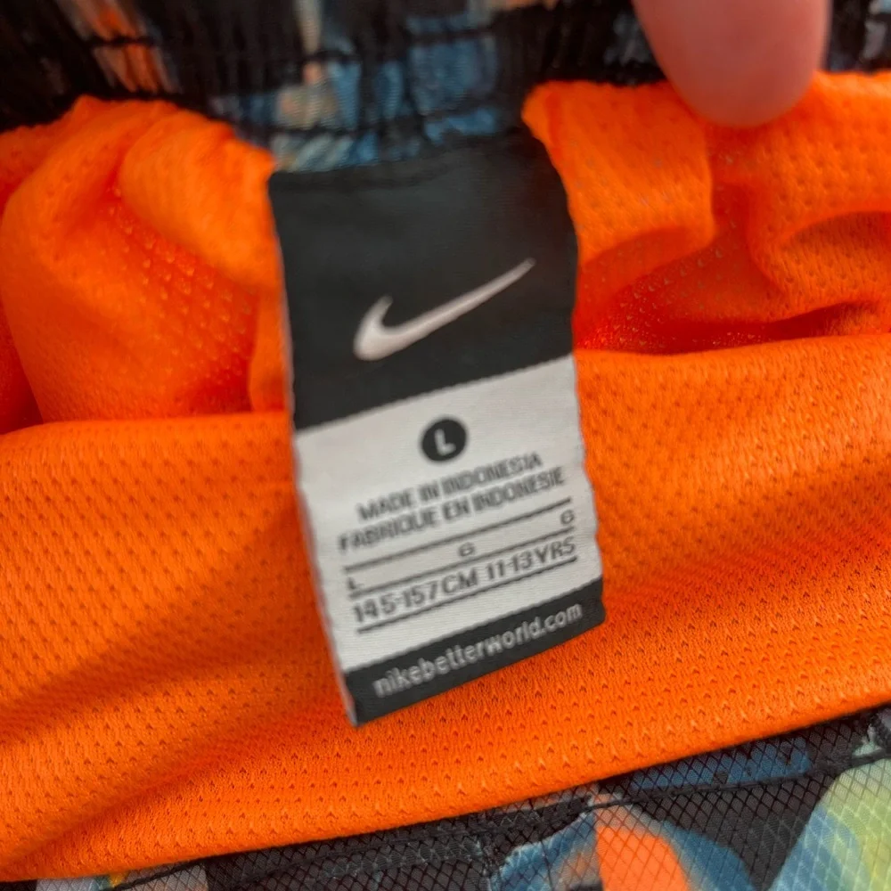 Nike Orange Swim Trunks with Blue & Black Print Large